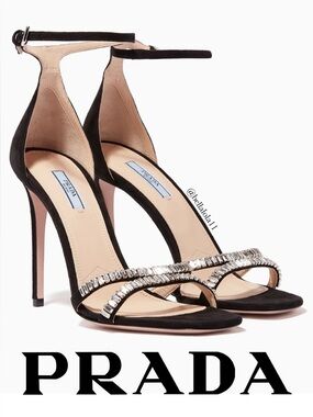 AUTHENTIC PRADA BLACK STILETTO SANDALS WITH CRYSTAL STRAPS